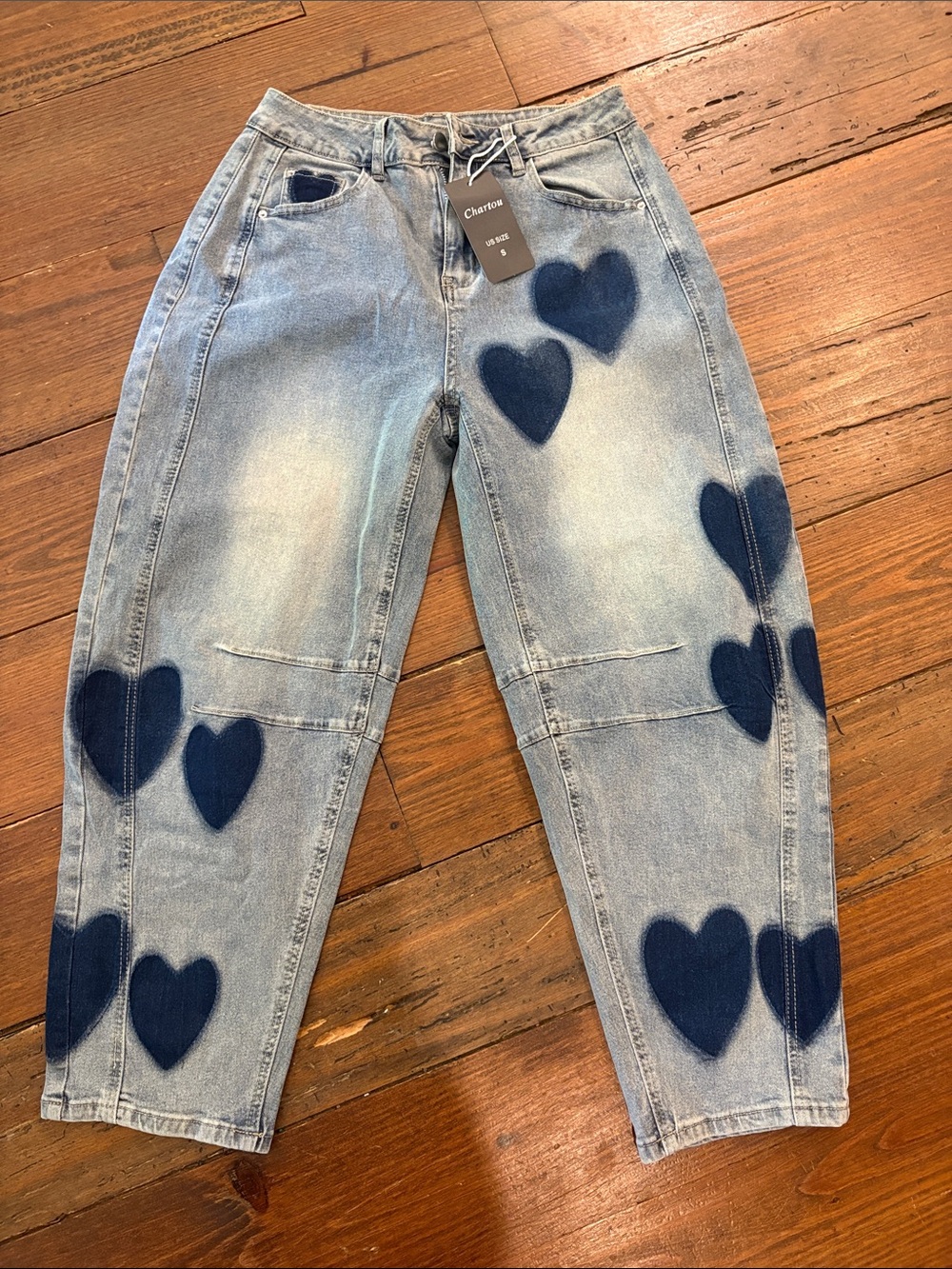 Light Blue Boyfriend Jeans with Navy Heart Blue Accents